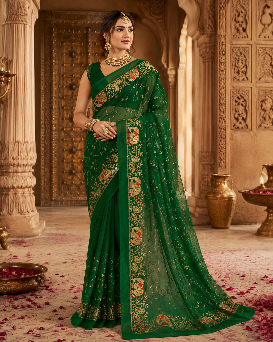 Forest Green Georgette Party Wear Saree with Sequin & Tari Embroidered Work