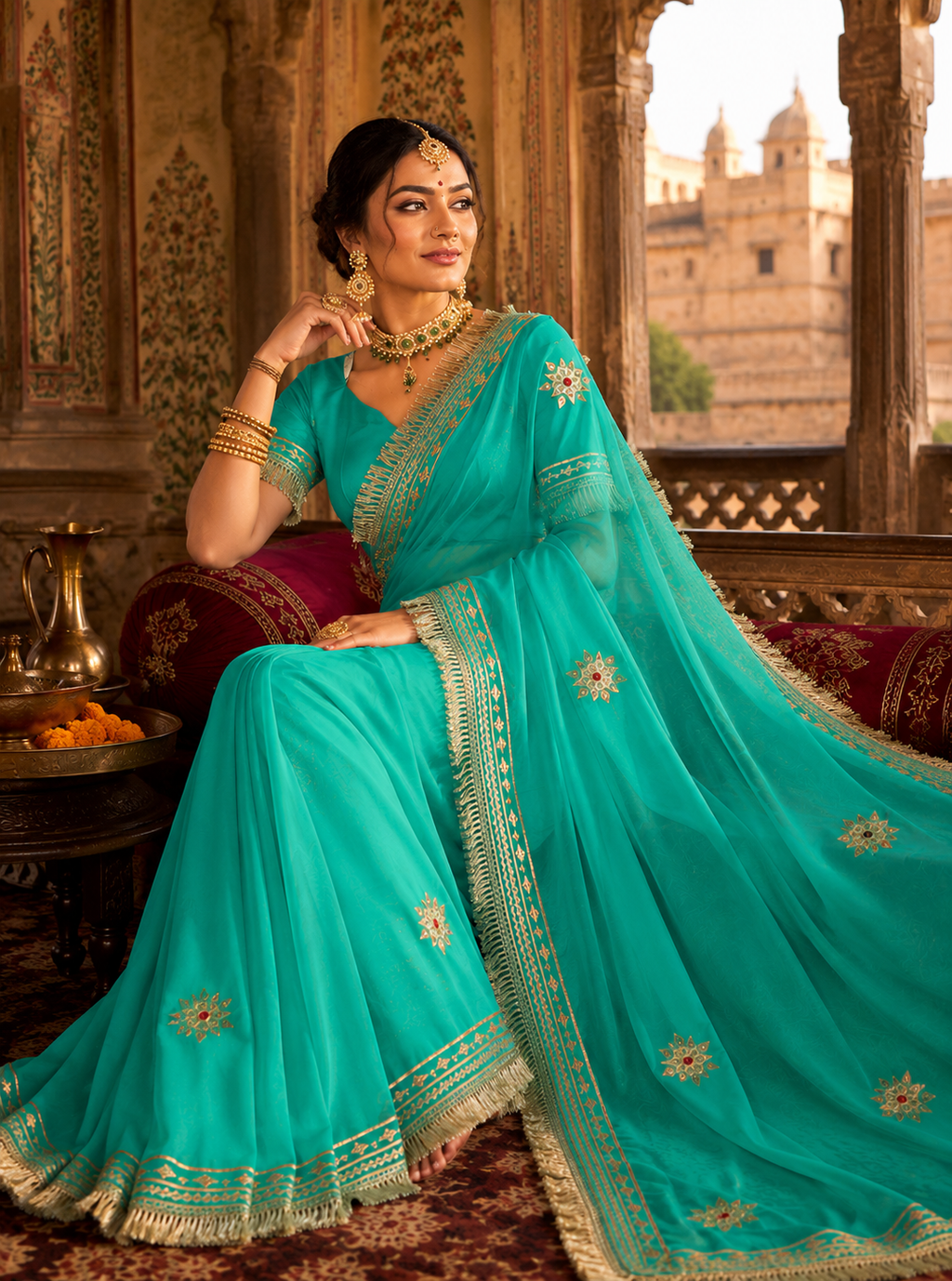 Sea Green Pure Georgette Saree with Handcrafted Kacha Gota Patti Work