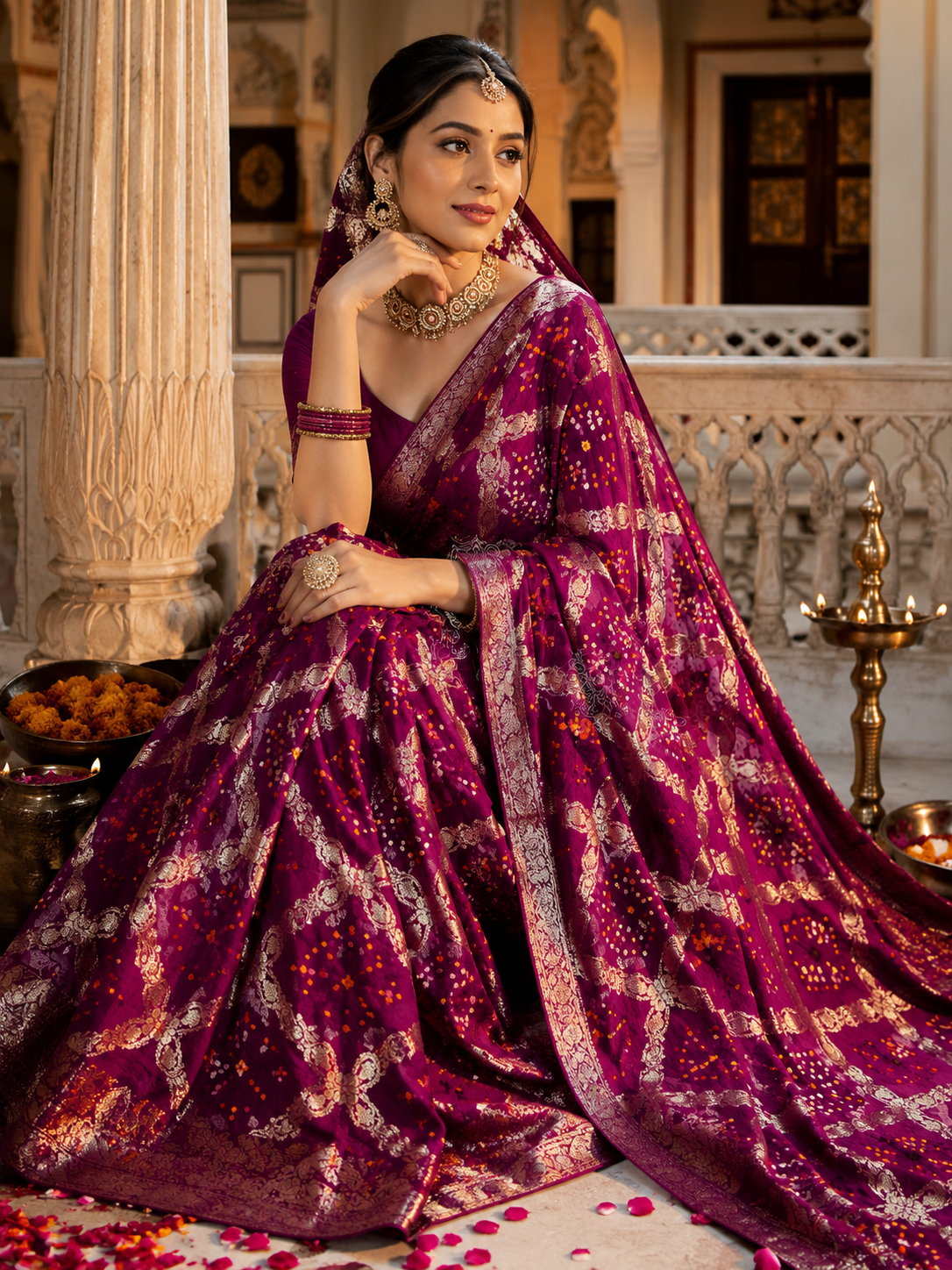 Royal Gaji Silk Bandhani Saree with Banarasi Zari Border