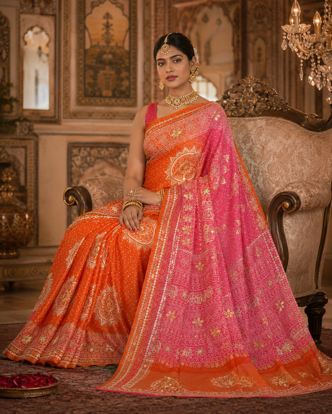 Pure Gaji Silk Bandhani Saree with Intricate Gota Patti Work