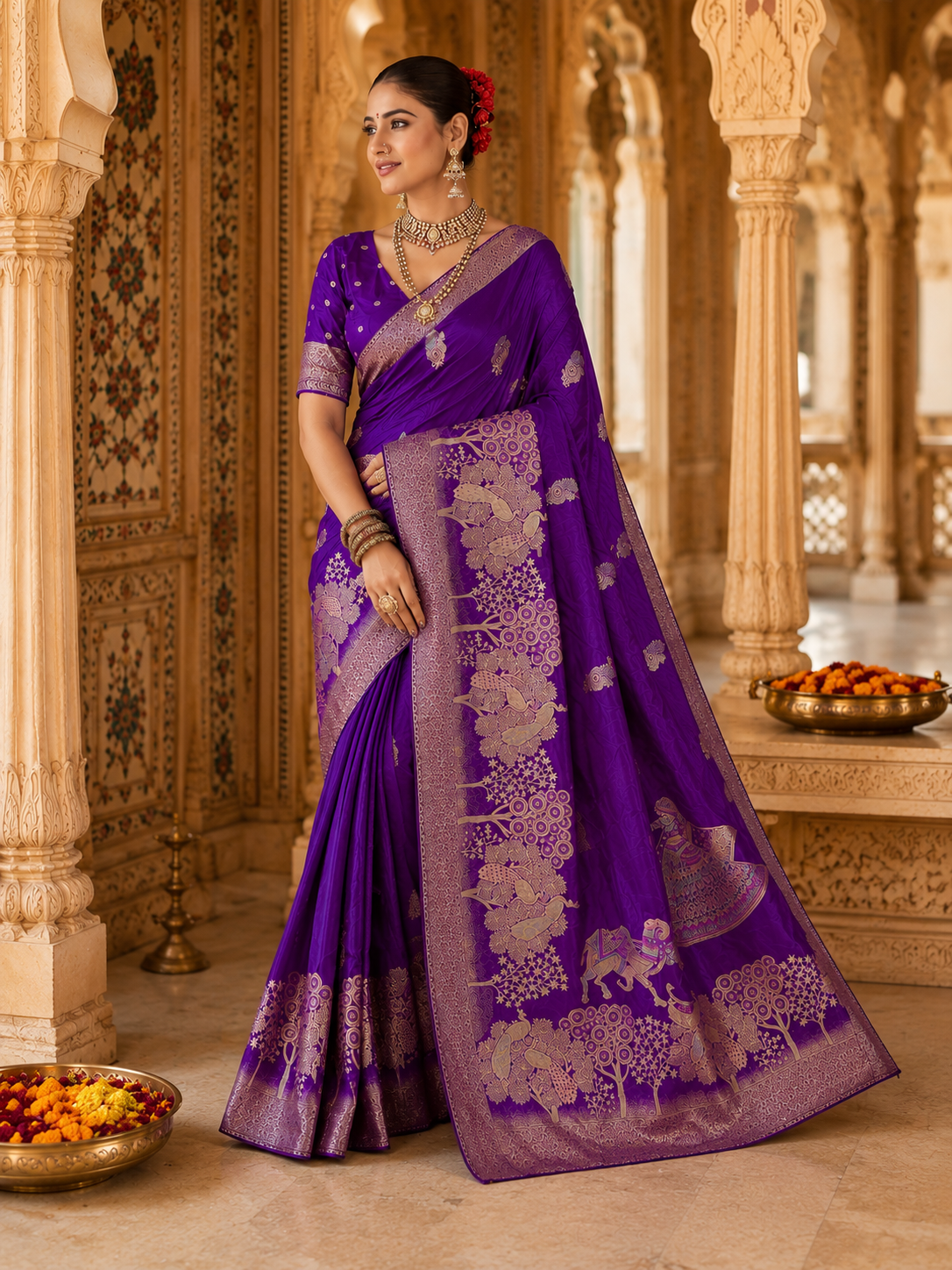Royal Purple Munga Silk Banarasi Zari Weave Saree with Heavy Pallu