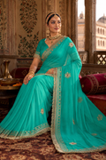 Sea Green Pure Georgette Saree with Handcrafted Kacha Gota Patti Work