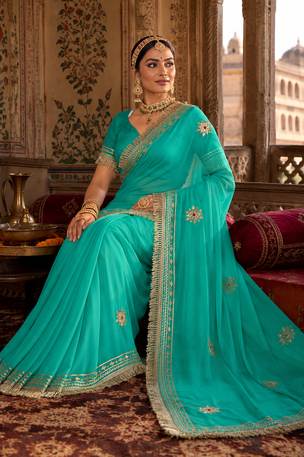 Sea Green Pure Georgette Saree with Handcrafted Kacha Gota Patti Work