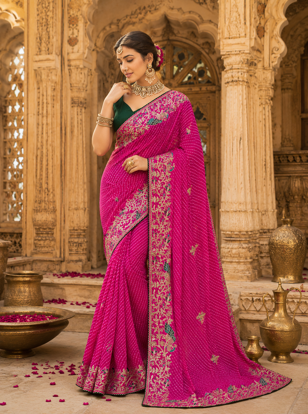 Pink Georgette Mothda Leheriya Saree with Thread & Zari Embroidery