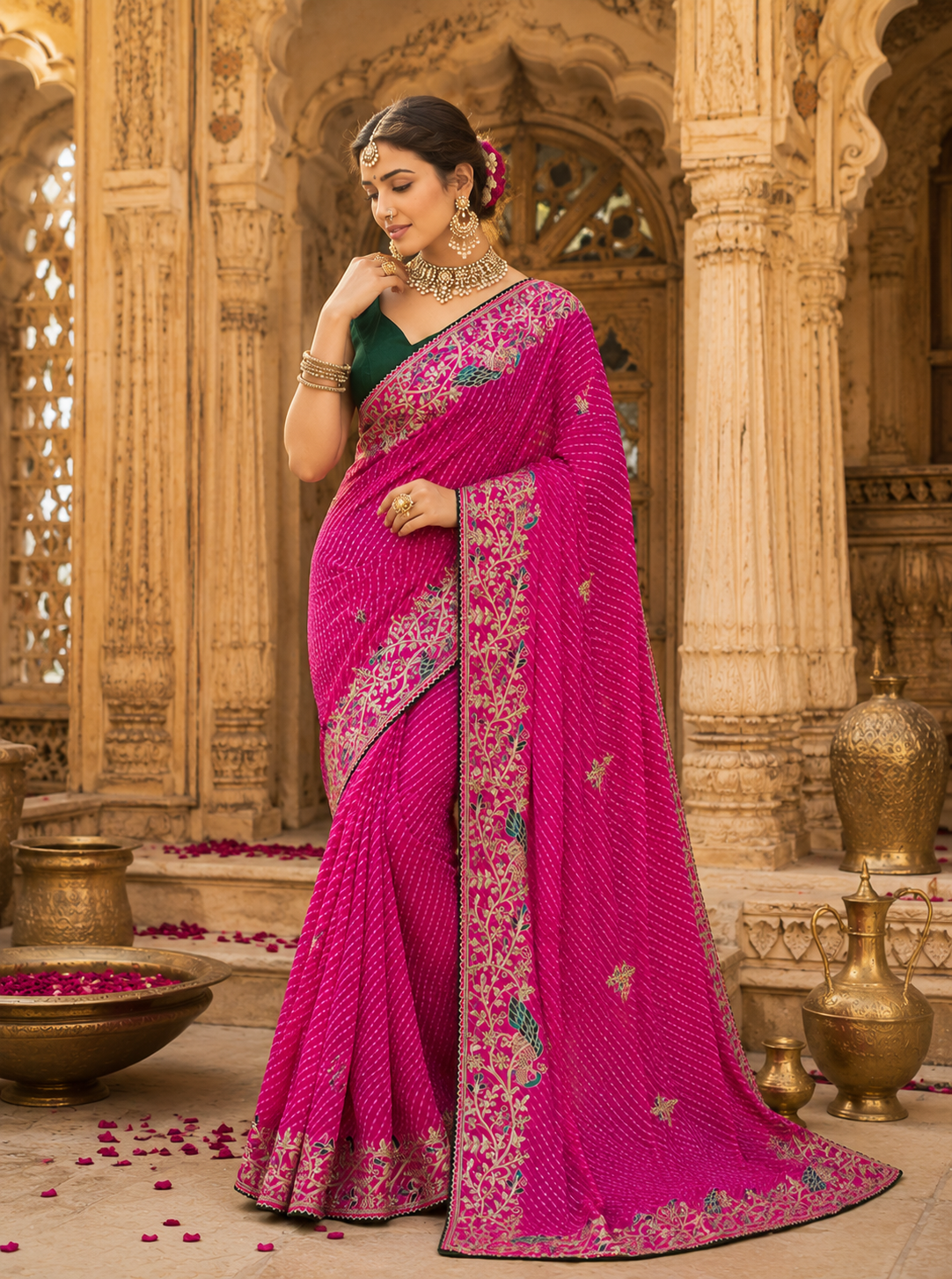 Pink Georgette Mothda Leheriya Saree with Thread & Zari Embroidery
