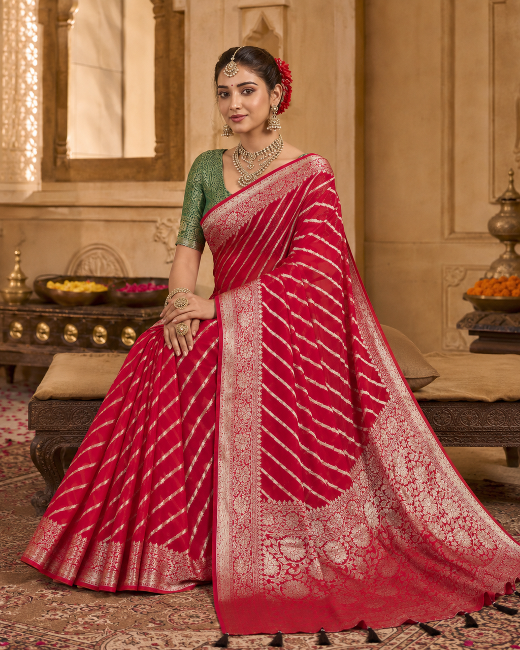 Crimson Royale Khaddi Georgette Banarasi Handloom Leheriya Zari Saree