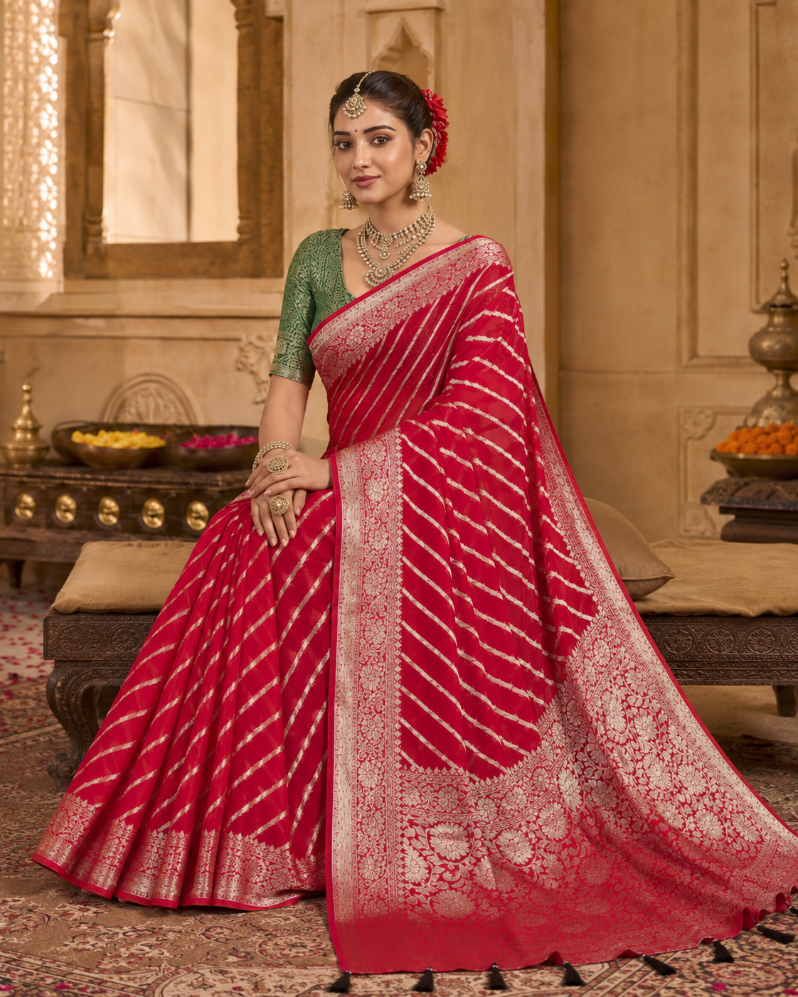 Crimson Royale Khaddi Georgette Banarasi Handloom Leheriya Zari Saree