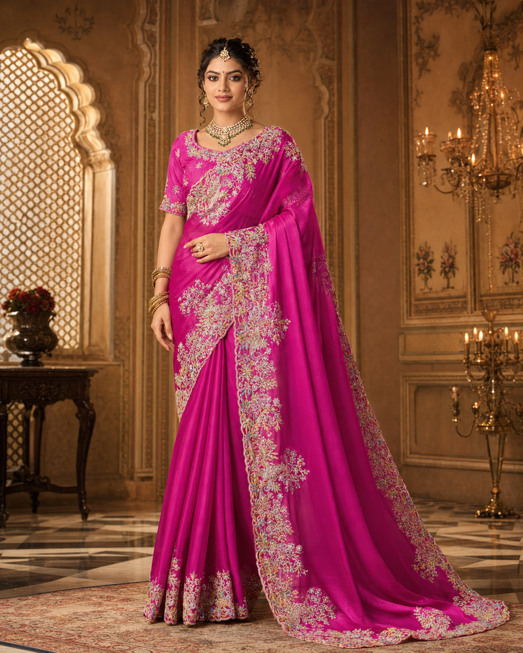 Pure Tissue Silk Saree in Magenta with Intricate Kashida Embroidery