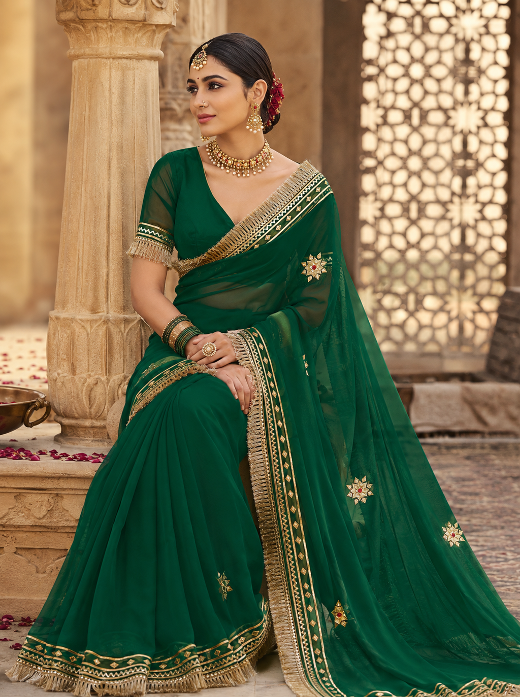 Forest Green Pure Georgette Saree with Handcrafted Gota Patti Work
