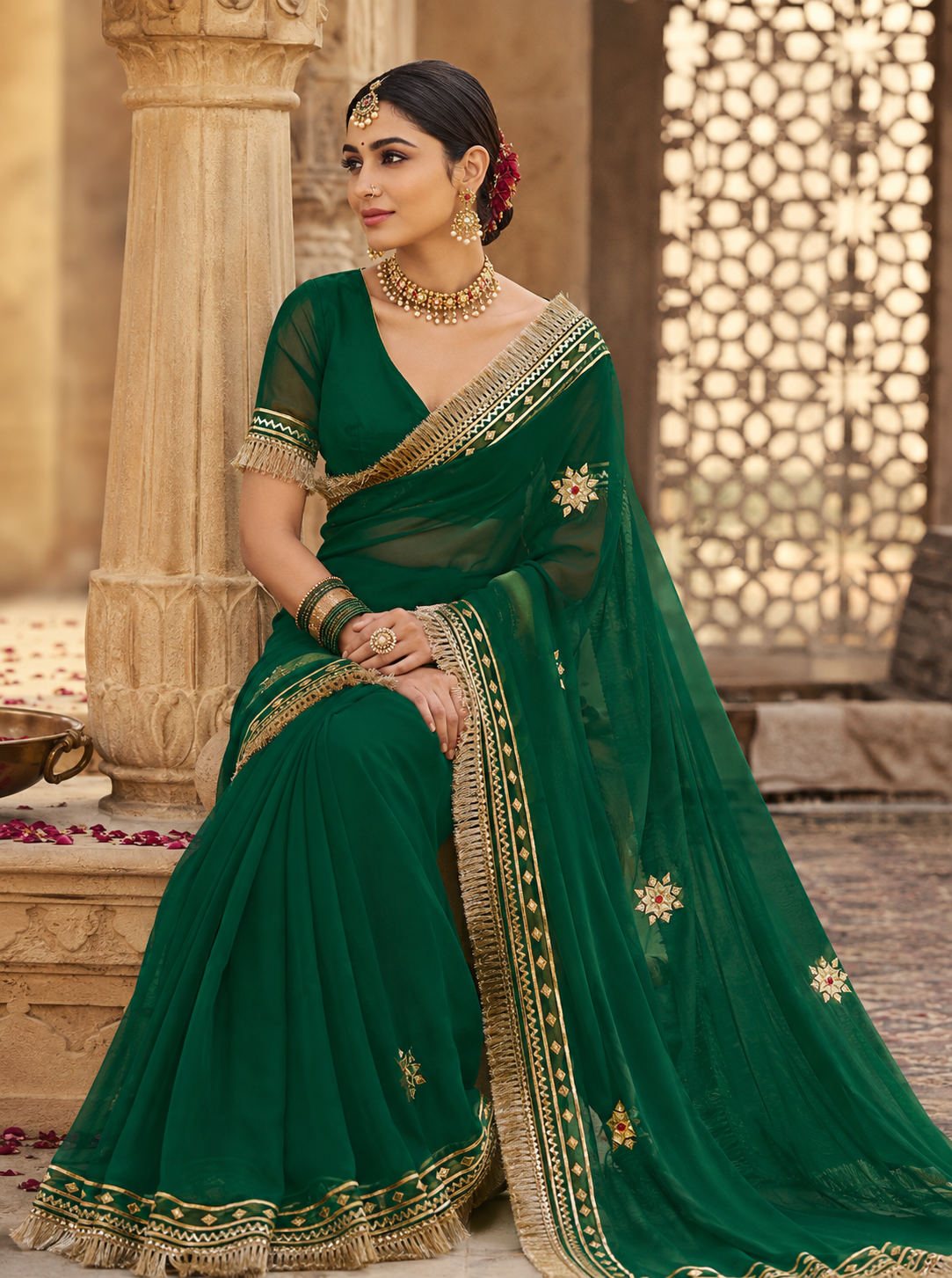 Forest Green Pure Georgette Saree with Handcrafted Gota Patti Work
