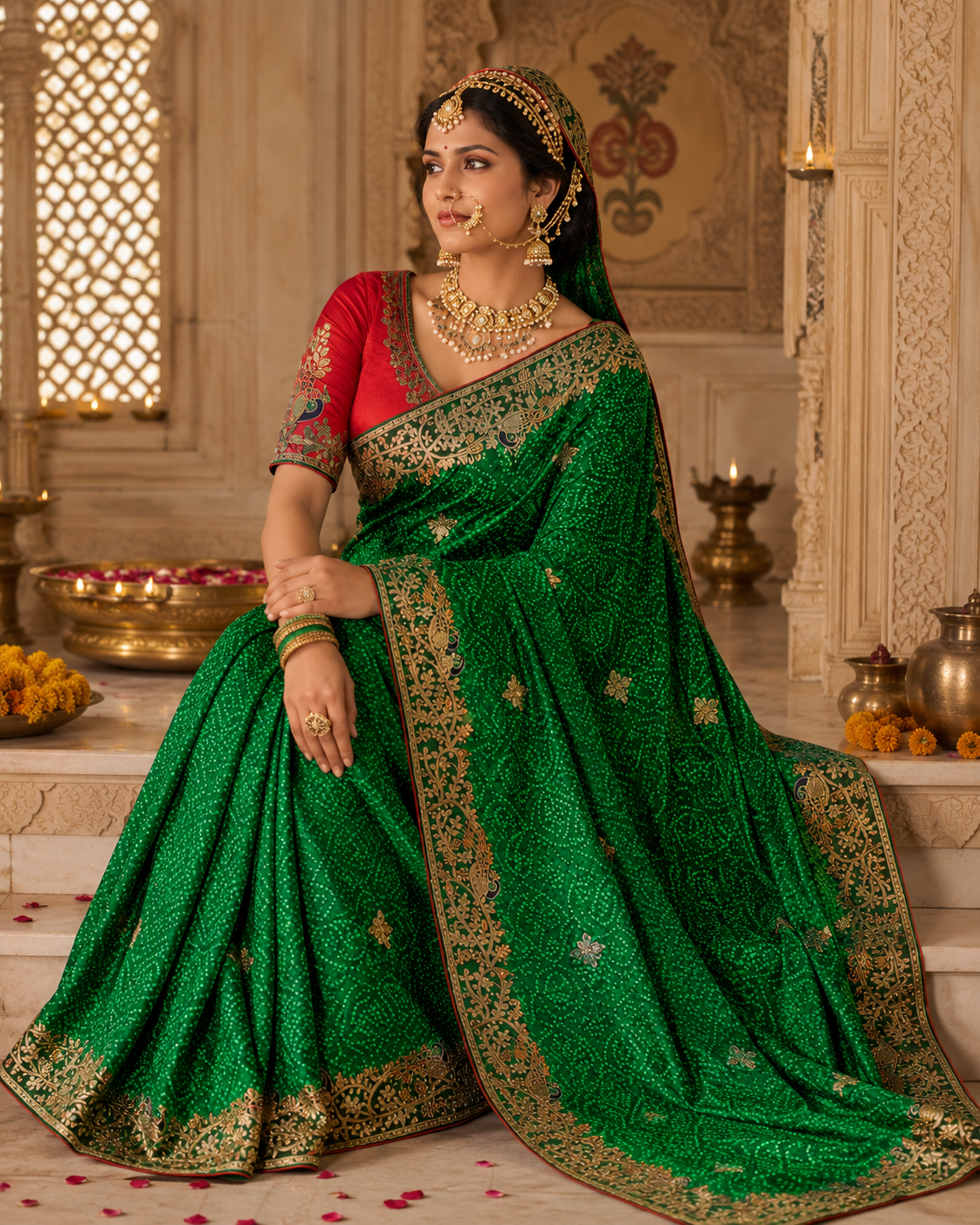 Emerald Green Pure Georgette Bandhani Saree with Handcrafted Gota Patti Work