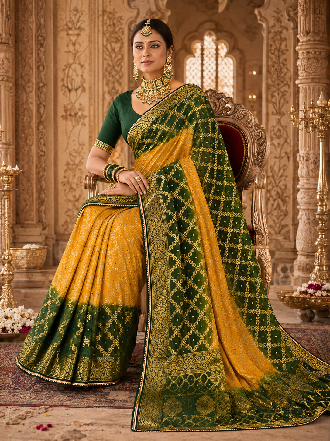 Golden Sunburst & Forest Green Gharchola Banarasi Silk Saree