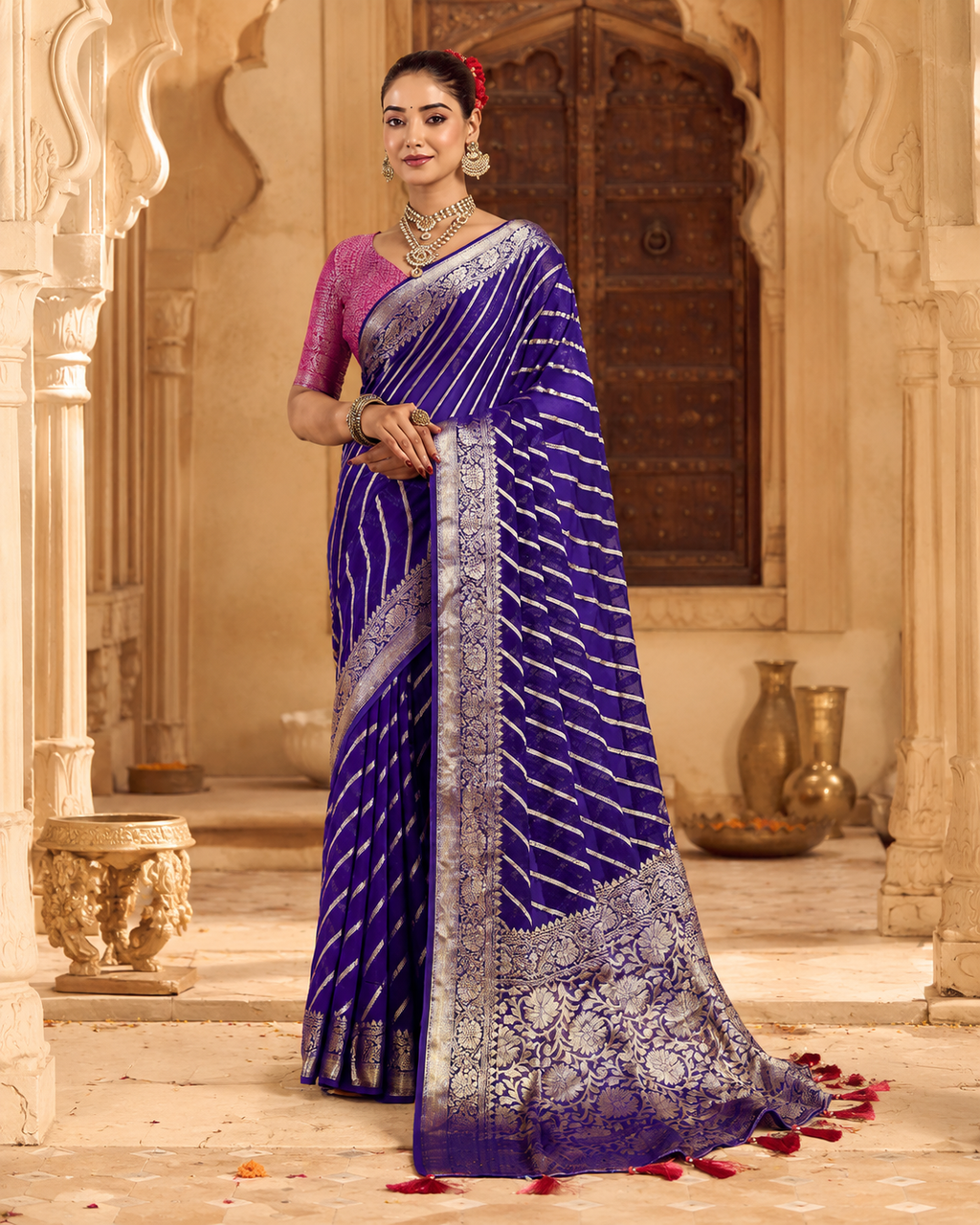 Royal Indigo Khaddi Georgette Banarasi Handloom Leheriya Zari Saree