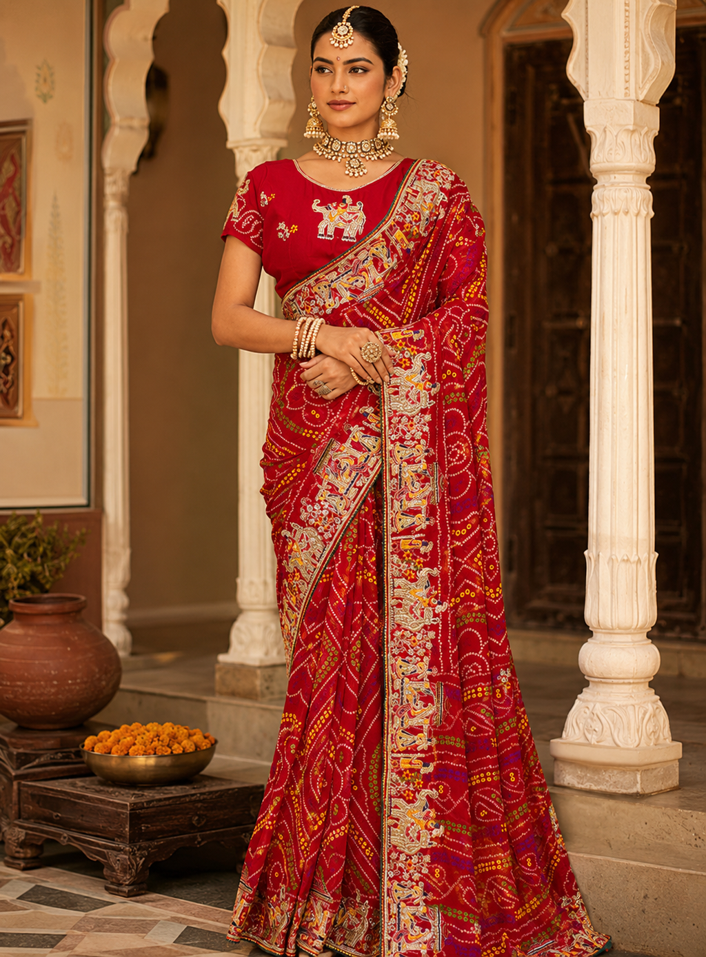 Traditional Rajasthani Red Pure Georgette Chunri Bandhani Saree