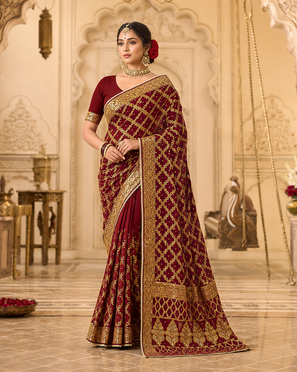 Imperial Maroon Gharchola Banarasi Silk Saree with Heavy Zari Work