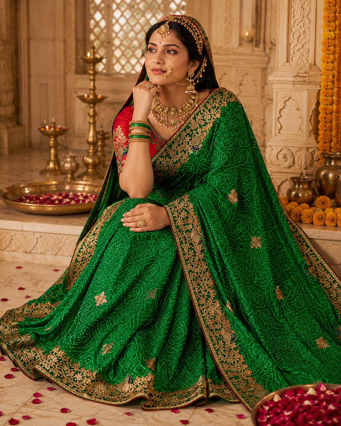 Emerald Green Pure Georgette Bandhani Saree with Handcrafted Gota Patti Work