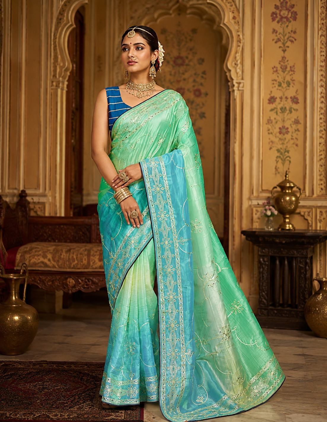 Sea Green & Cyan Tissue Saree with Intricate Gota Patti Work