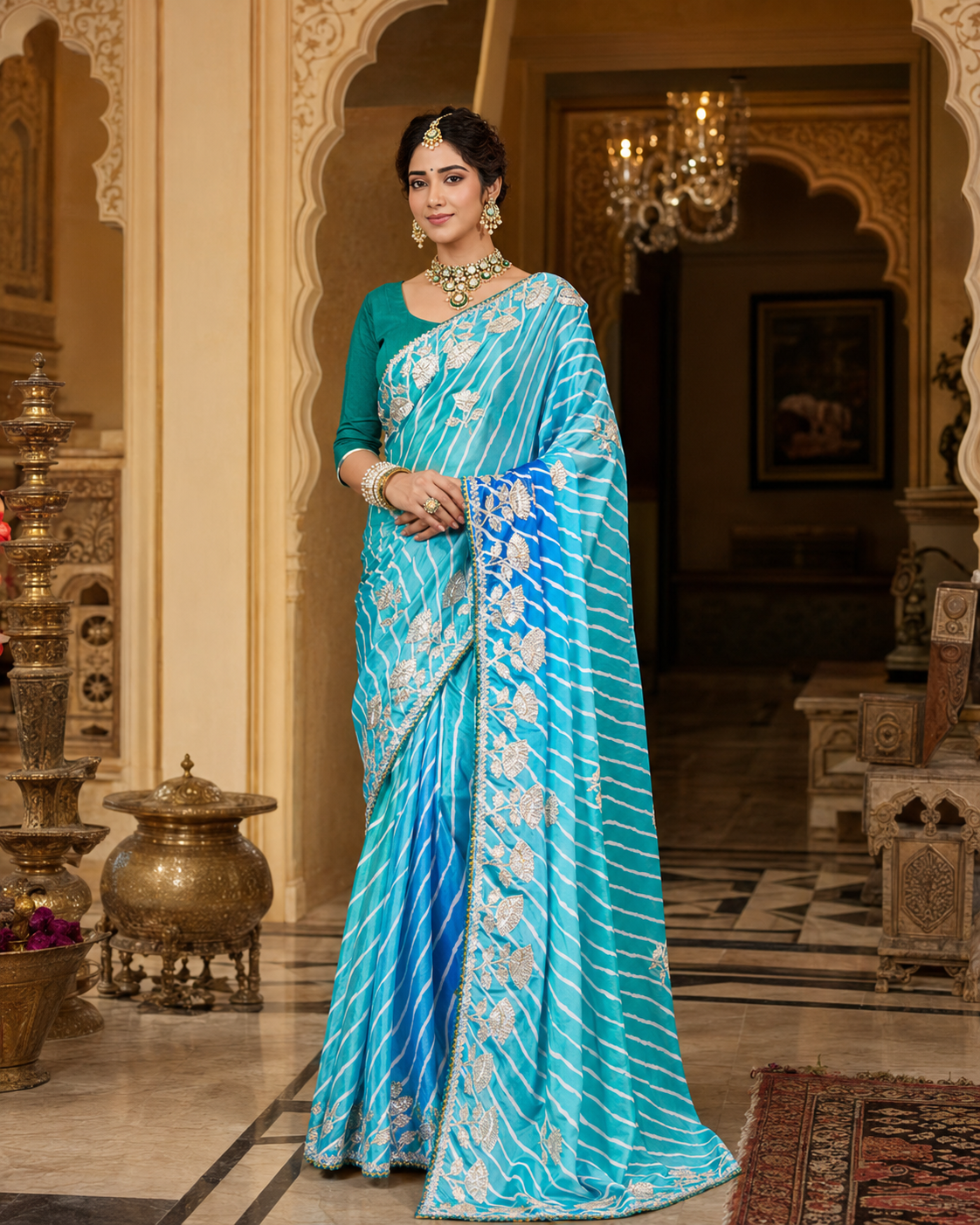Azure Splendor Silk Tilfi Leheriya Saree with Handcrafted Gota Patti