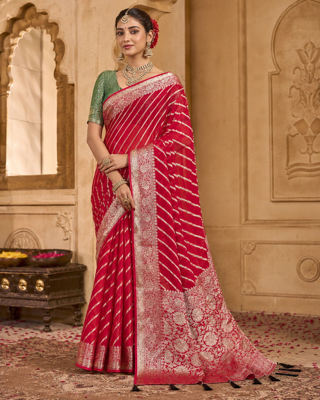 Crimson Royale Khaddi Georgette Banarasi Handloom Leheriya Zari Saree