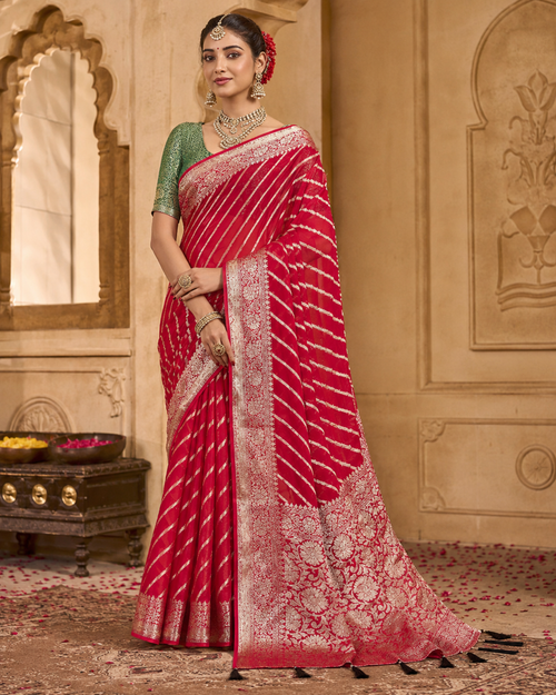 Crimson Royale Khaddi Georgette Banarasi Handloom Leheriya Zari Saree