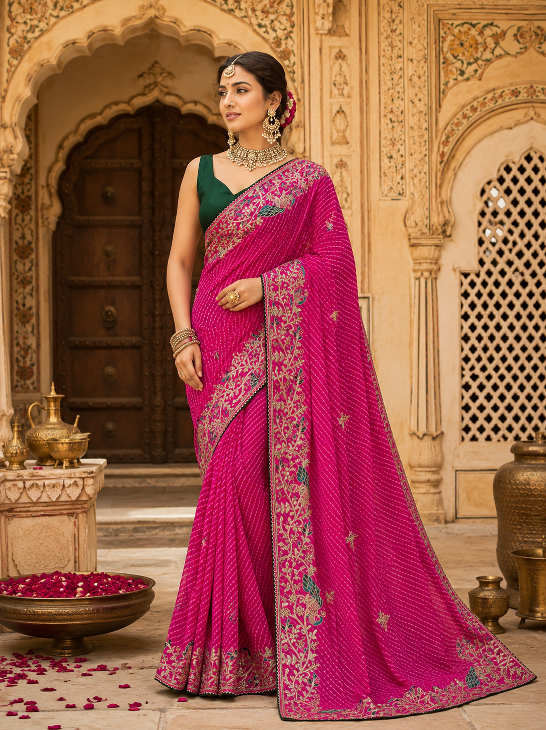 Pink Georgette Mothda Leheriya Saree with Thread & Zari Embroidery