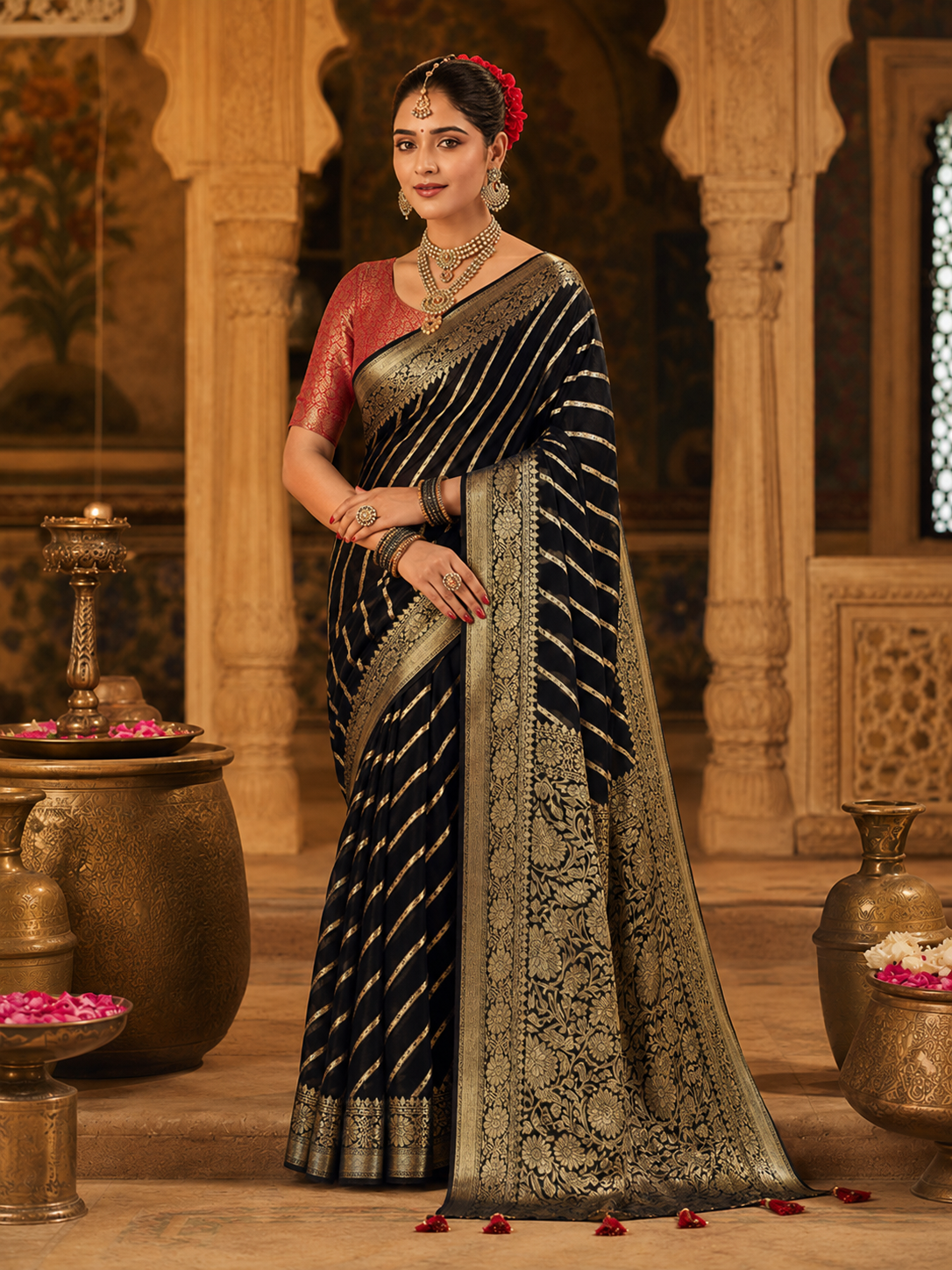 Midnight Noir Khaddi Georgette Banarasi Handloom Leheriya Zari Saree