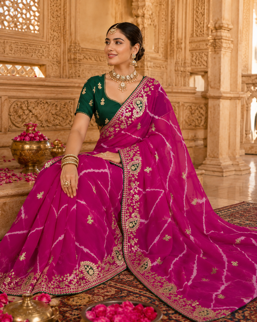 Vibrant Rani Pink Georgette Leheriya Saree with Embroidered Gota Patti Work