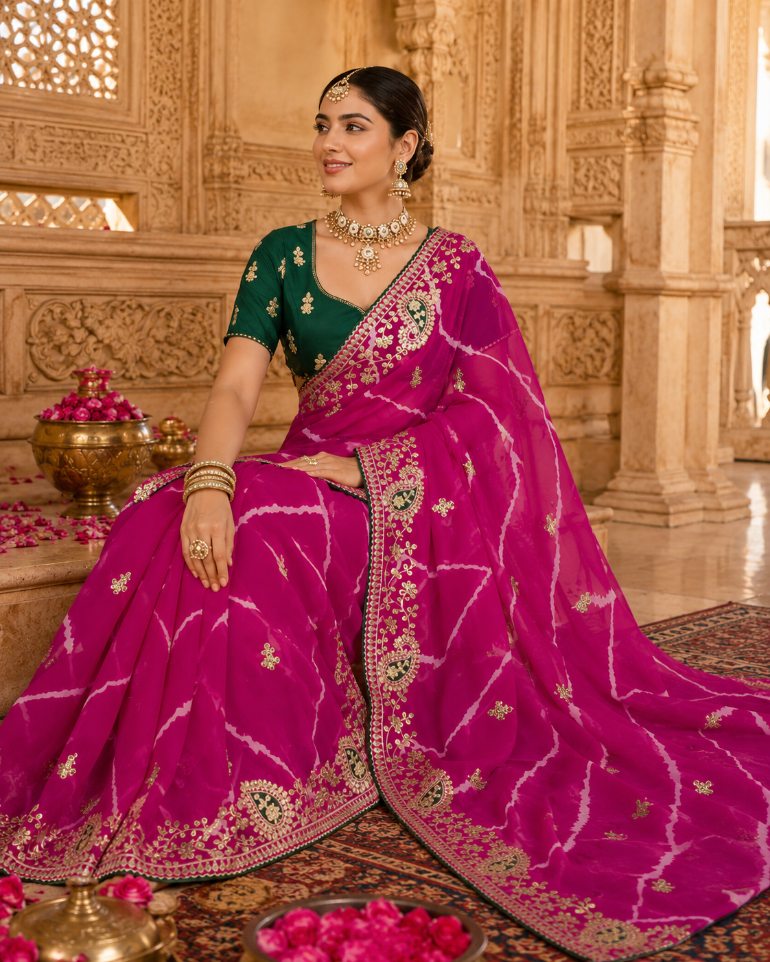 Vibrant Rani Pink Georgette Leheriya Saree with Embroidered Gota Patti Work