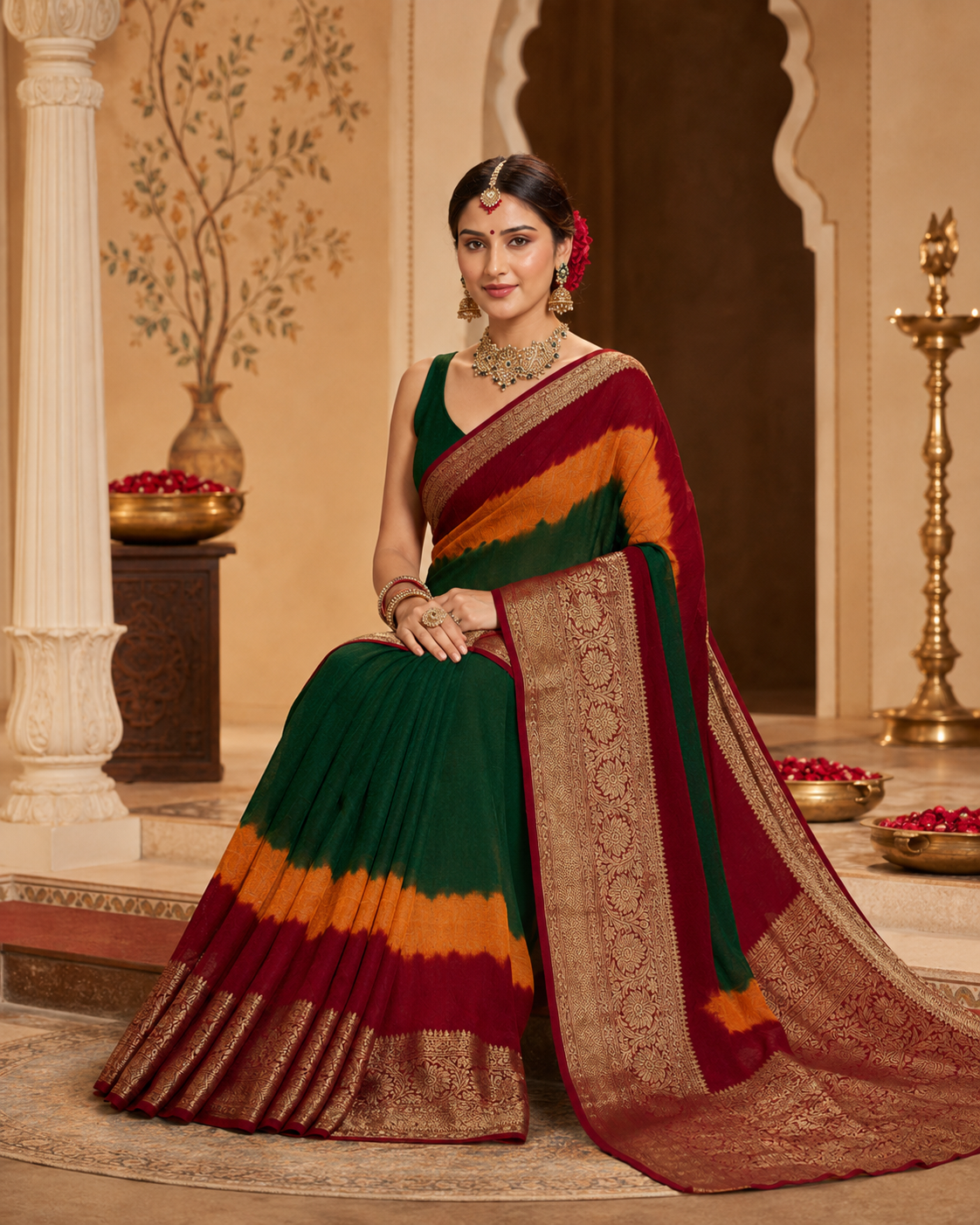 Regal Viscose Silk Saree in Emerald & Crimson with Intricate Zari Weaving