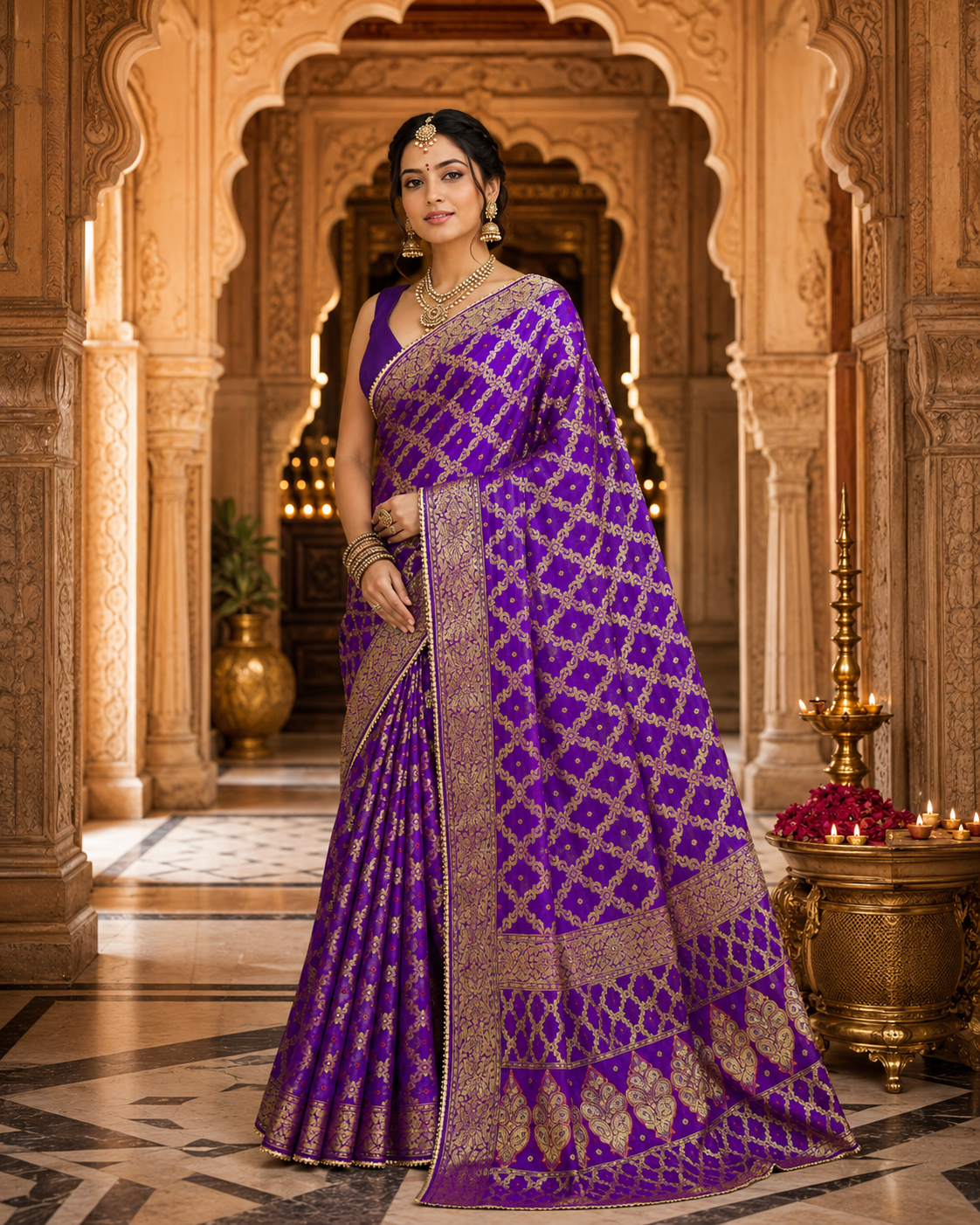 Royal Amethyst Gharchola Banarasi Silk Saree with Heavy Zari Work
