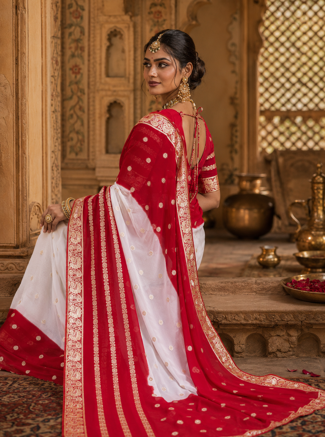 Special Red & White Georgette Jaipuri Tie-Dye Saree with Zari Weaving