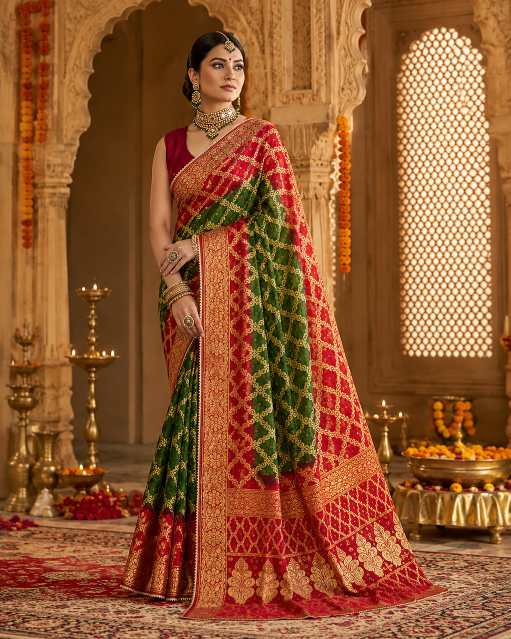 Traditional Red & Green Gharchola Banarasi Silk Saree with Heavy Zari Work