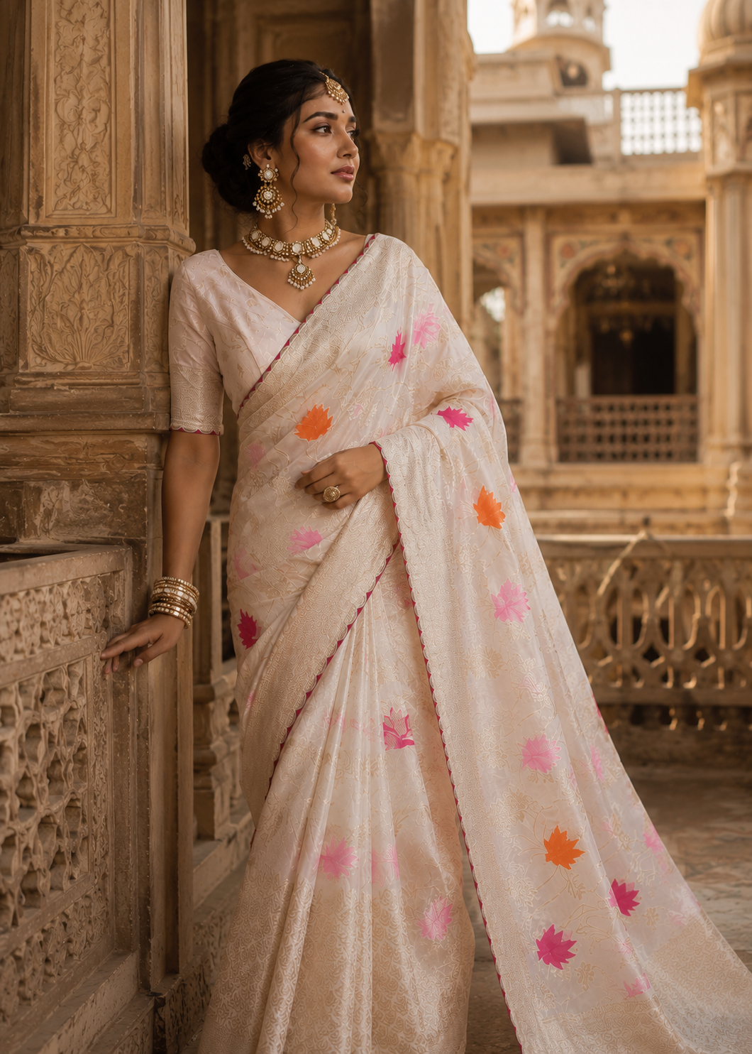Off-White Khaddi Georgette Silk Saree with Kashmiri Woven Motifs