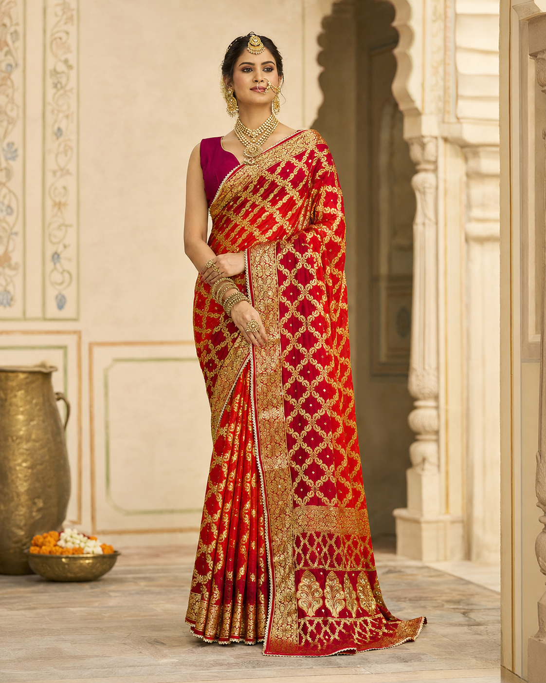 Imperial Vermilion Gharchola Banarasi Silk Saree with Heavy Zari Work