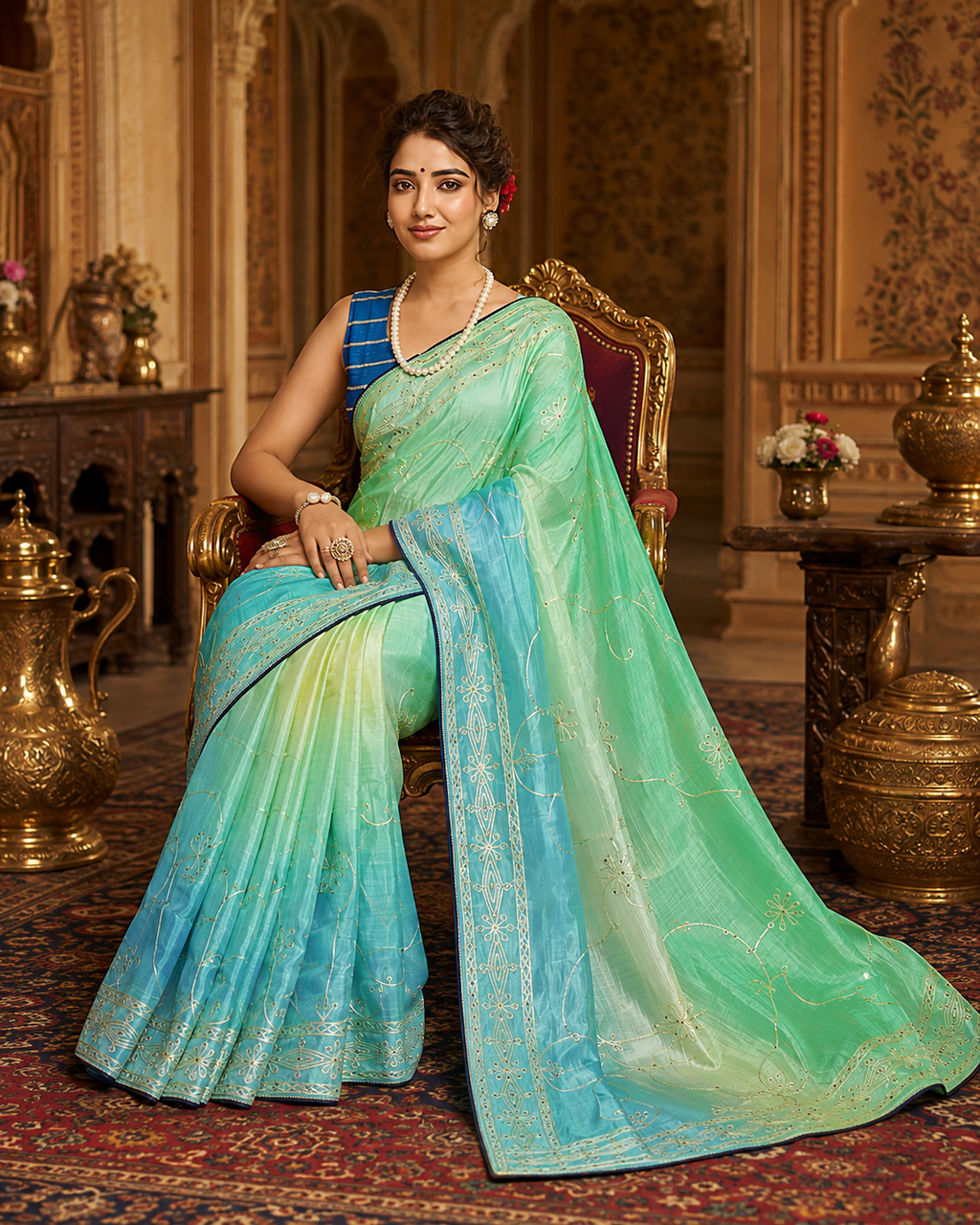 Sea Green & Cyan Tissue Saree with Intricate Gota Patti Work
