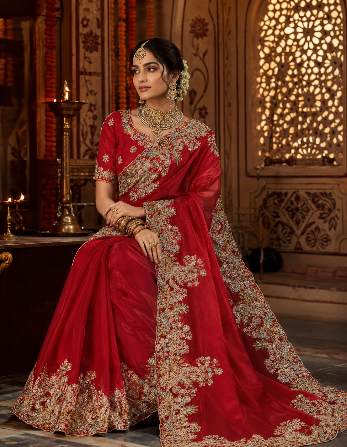 Crimson Regal Pure Tissue Silk Saree with Kashida Embroidery