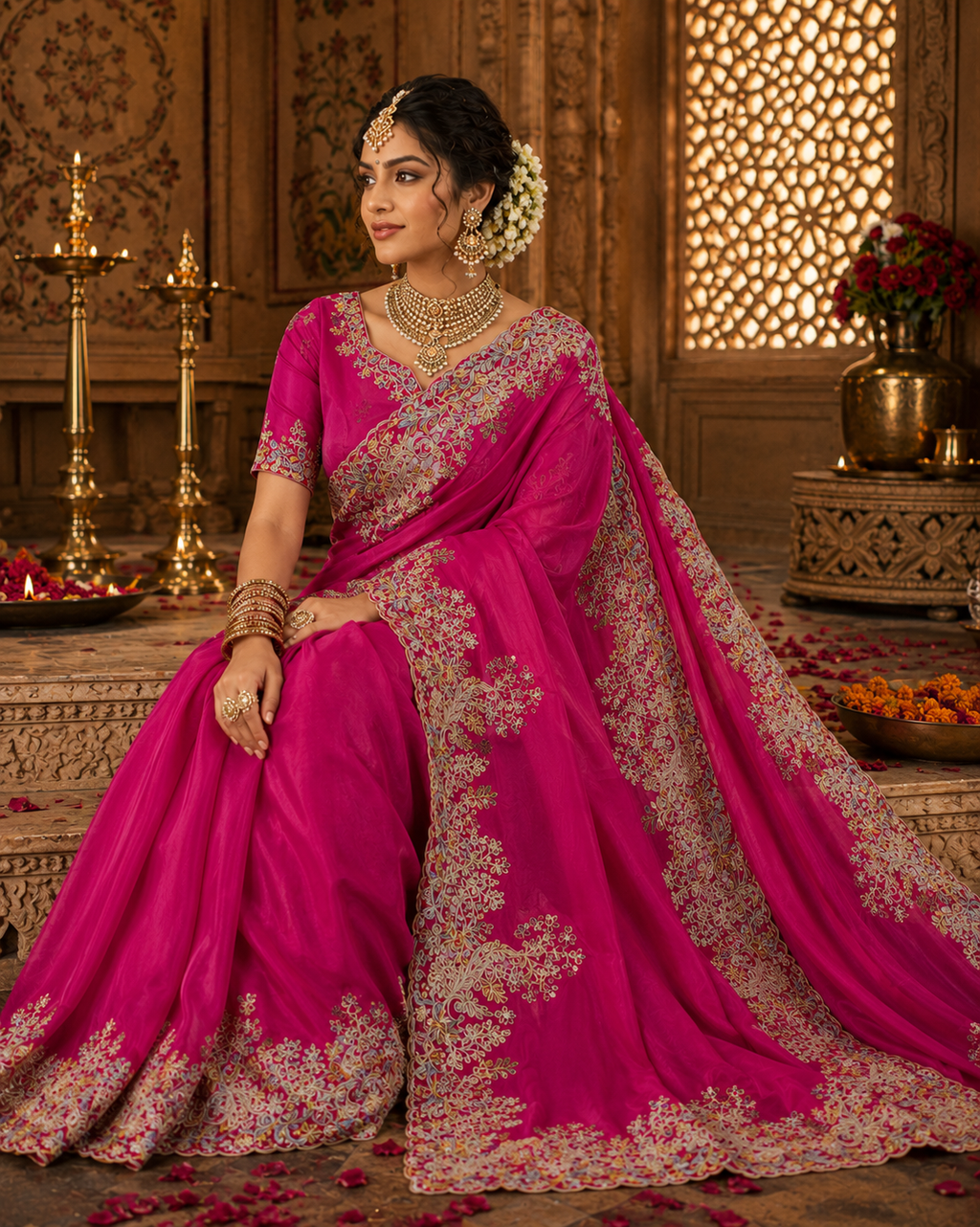 Pure Tissue Silk Saree in Magenta with Intricate Kashida Embroidery