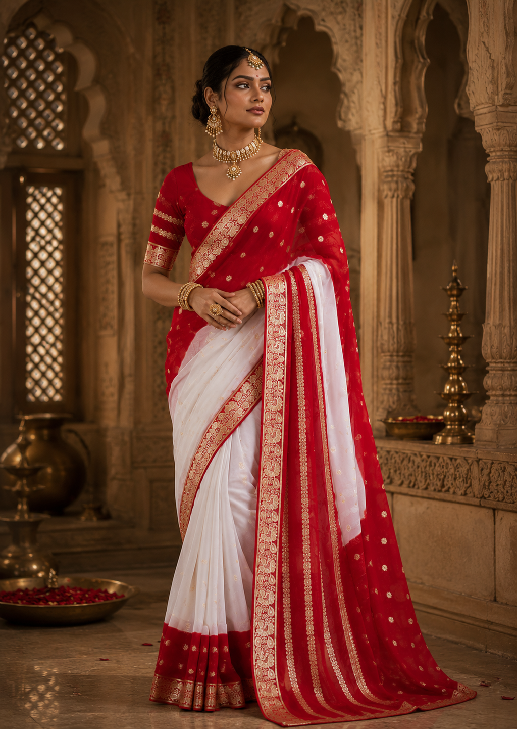 Special Red & White Georgette Jaipuri Tie-Dye Saree with Zari Weaving