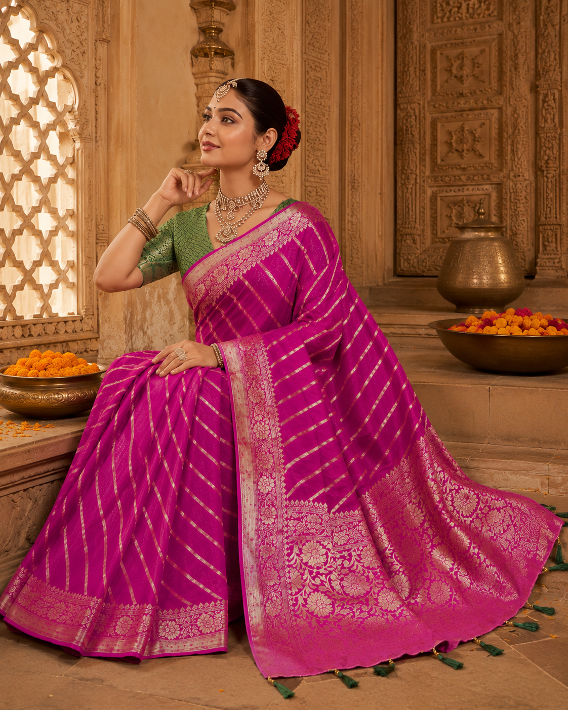 Rani Pink Khaddi Georgette Banarasi Handloom Leheriya Zari Weaving Saree