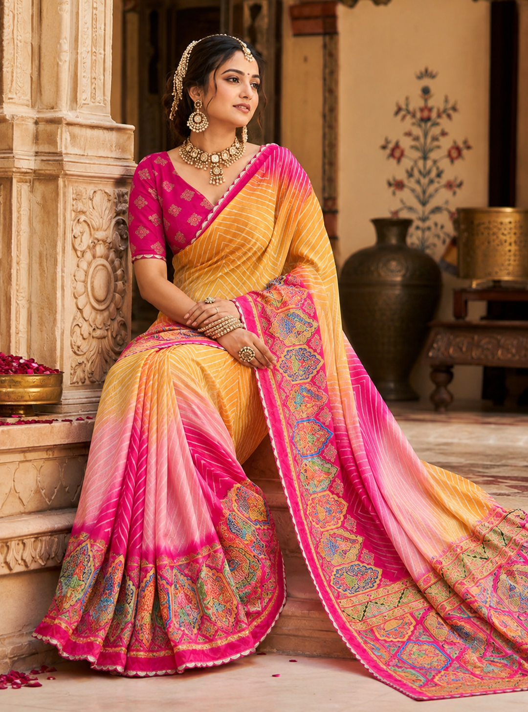 Ethereal Sunshine & Rose Crepe Silk Kalamkari Saree
