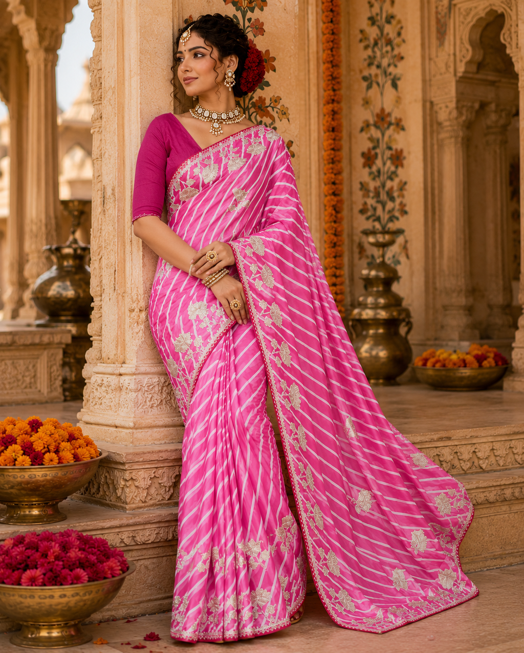 Pink Satin Silk Tilfi Leheriya Saree with Handcrafted Gota Patti Work