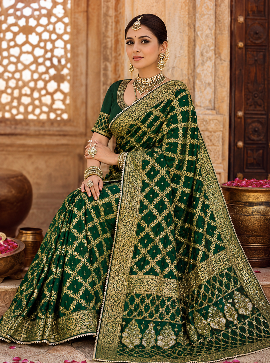 Emerald Imperial Gharchola Banarasi Silk Saree with Heavy Zari Work