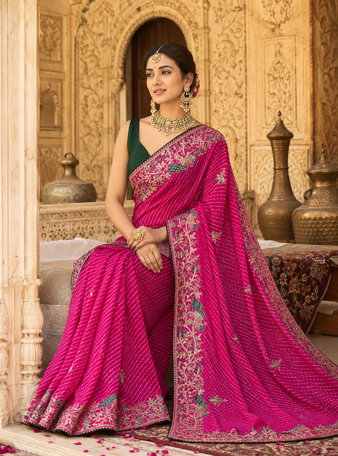 Pink Georgette Mothda Leheriya Saree with Thread & Zari Embroidery