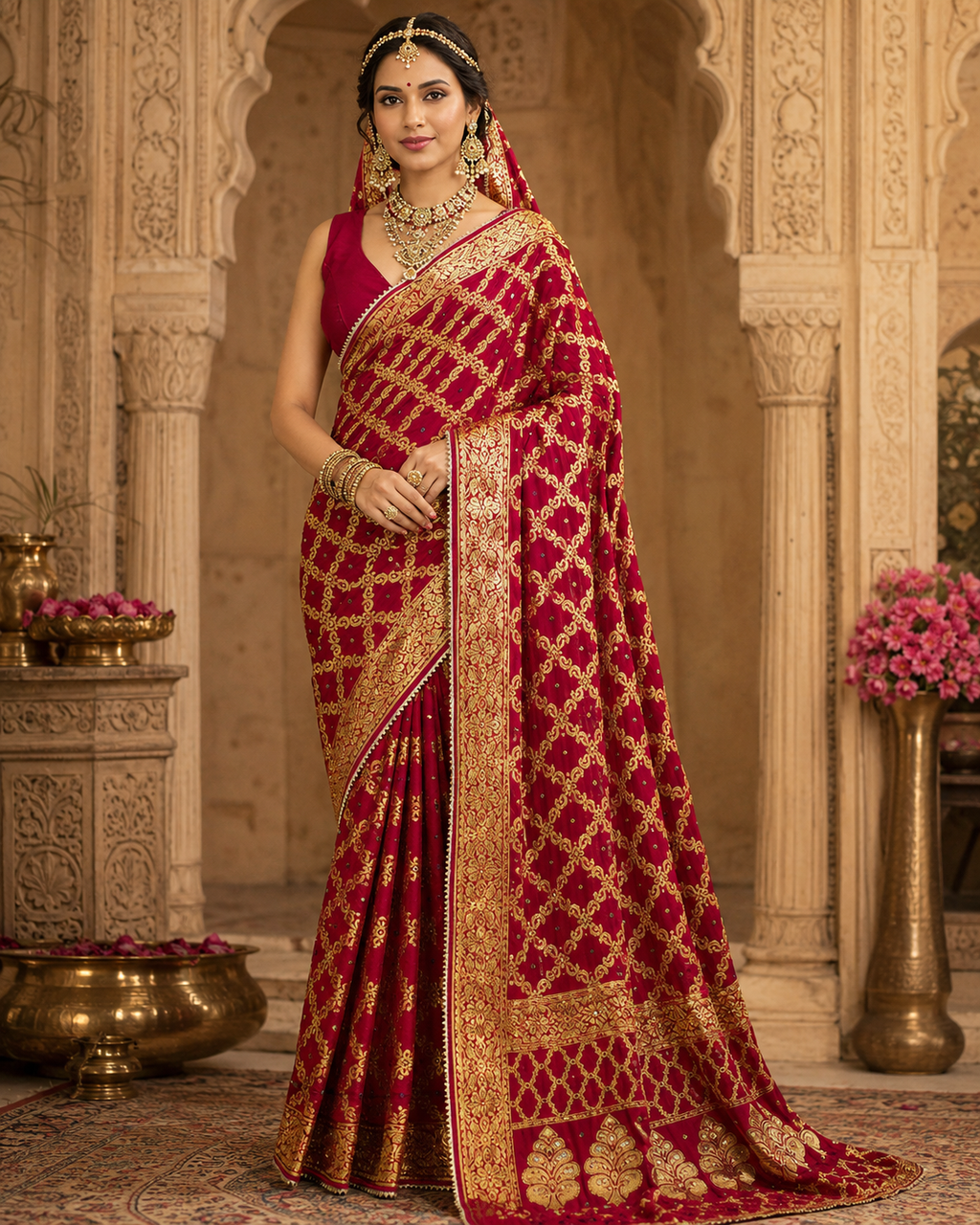 Bridal Scarlet Red Gharchola Banarasi Silk Saree with Heavy Zari Work