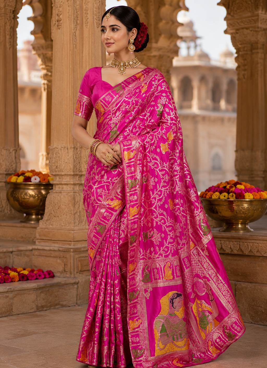 Rani Pink Munga Silk Banarasi Zari Weave Saree with Heavy Storytelling Pallu