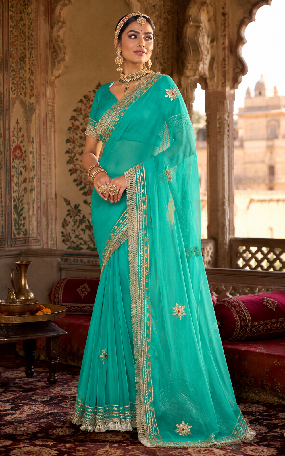 Sea Green Pure Georgette Saree with Handcrafted Kacha Gota Patti Work
