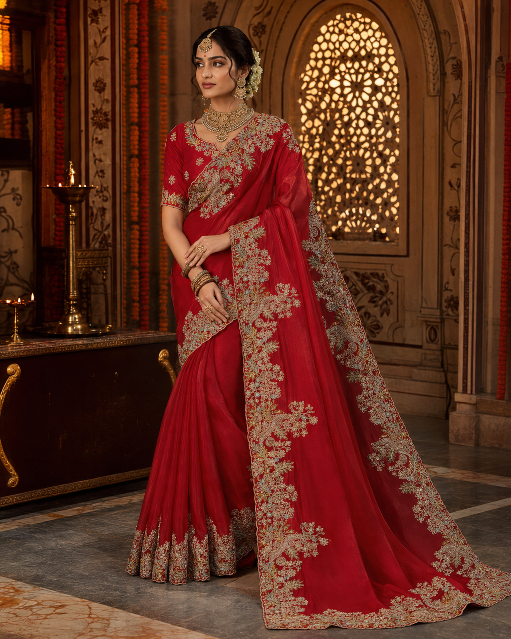Crimson Regal Pure Tissue Silk Saree with Kashida Embroidery