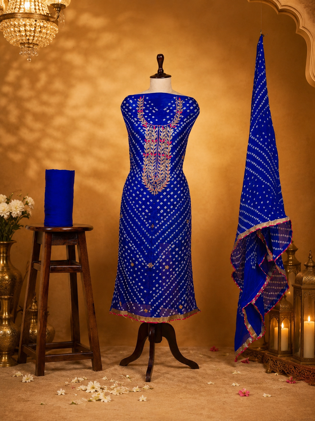 Royal Blue Banarasi Style Art Silk Unstitched Suit with Gota Patti Handwork