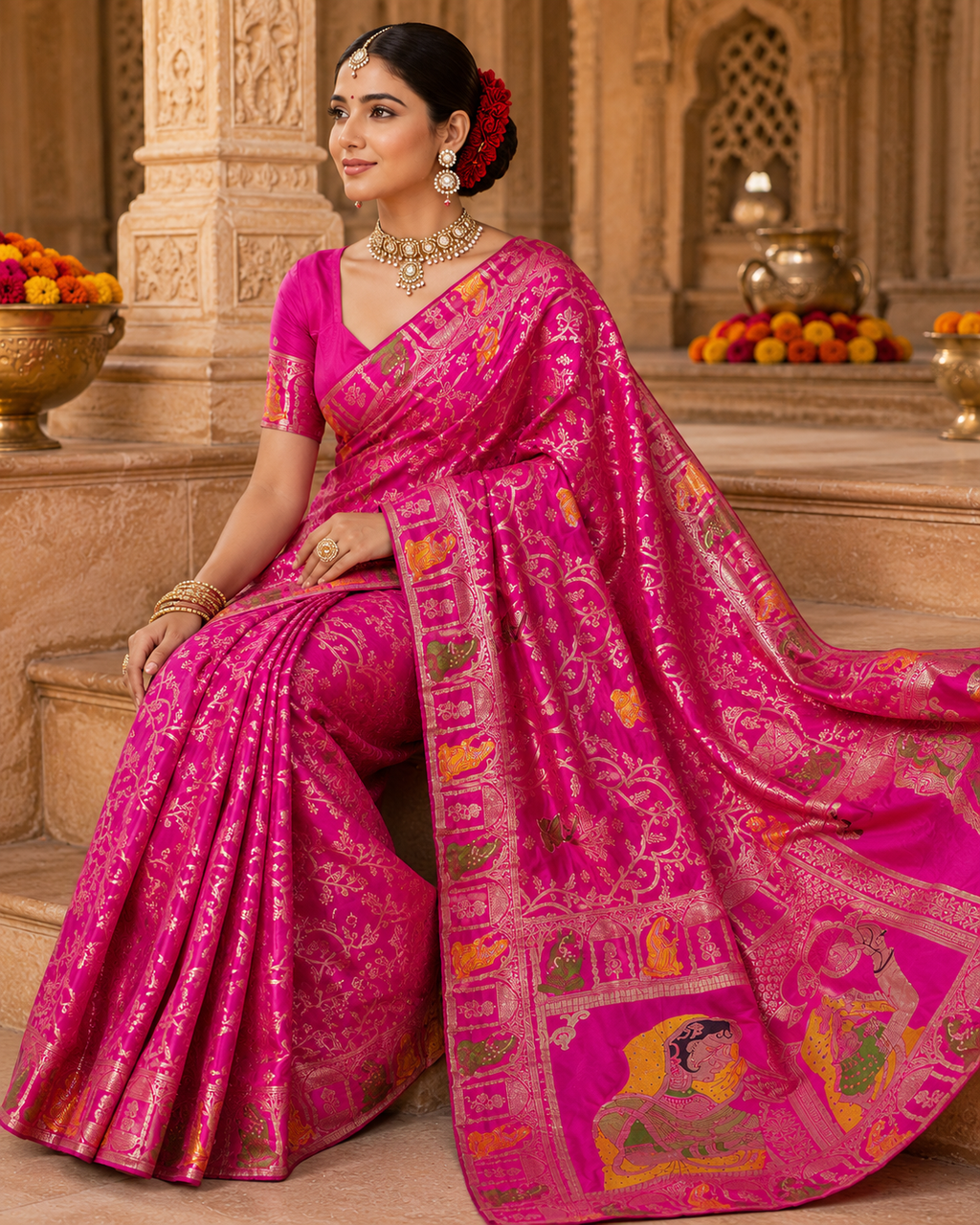 Rani Pink Munga Silk Banarasi Zari Weave Saree with Heavy Storytelling Pallu