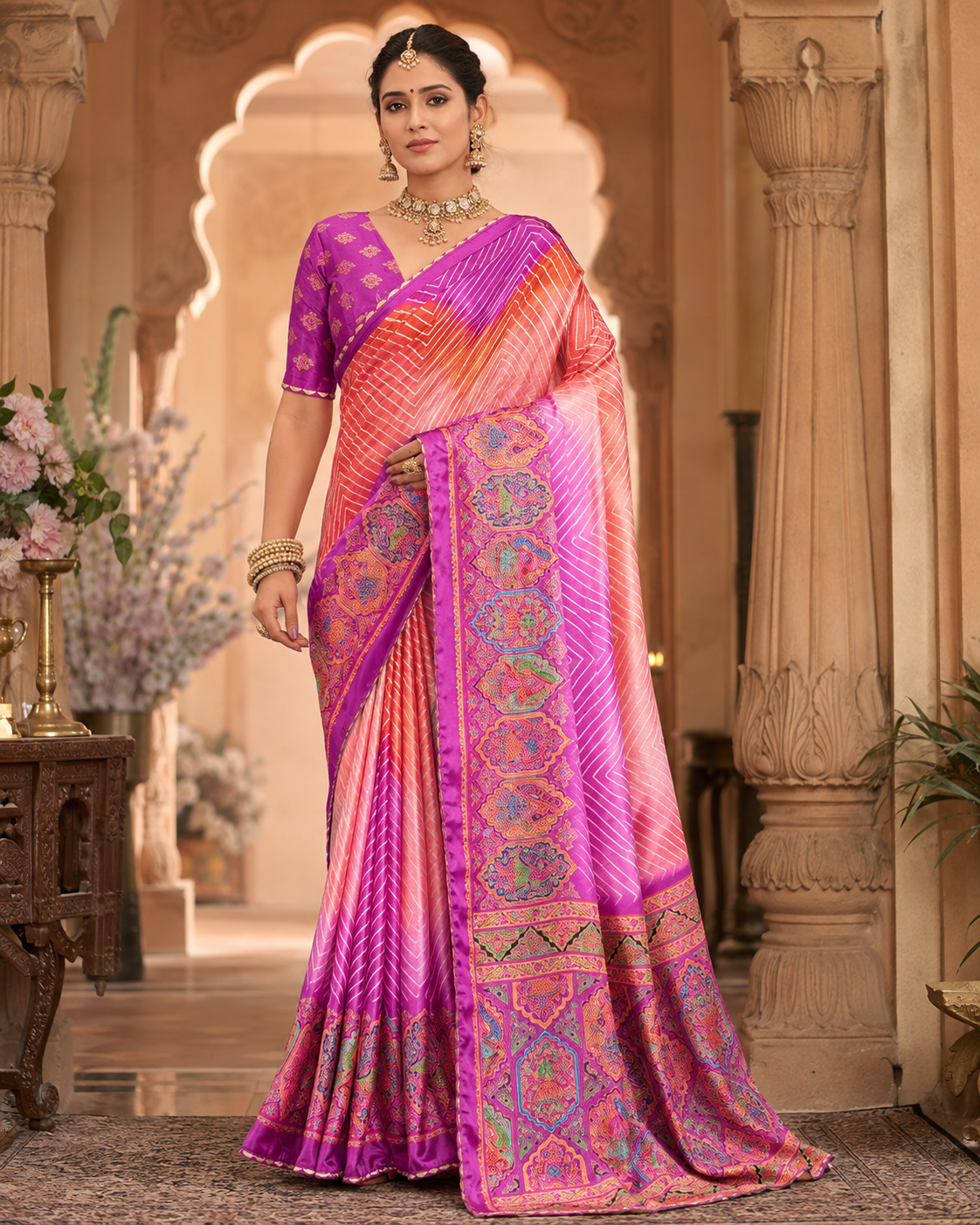 Ethereal Leheriya & Kalamkari Crepe Silk Saree